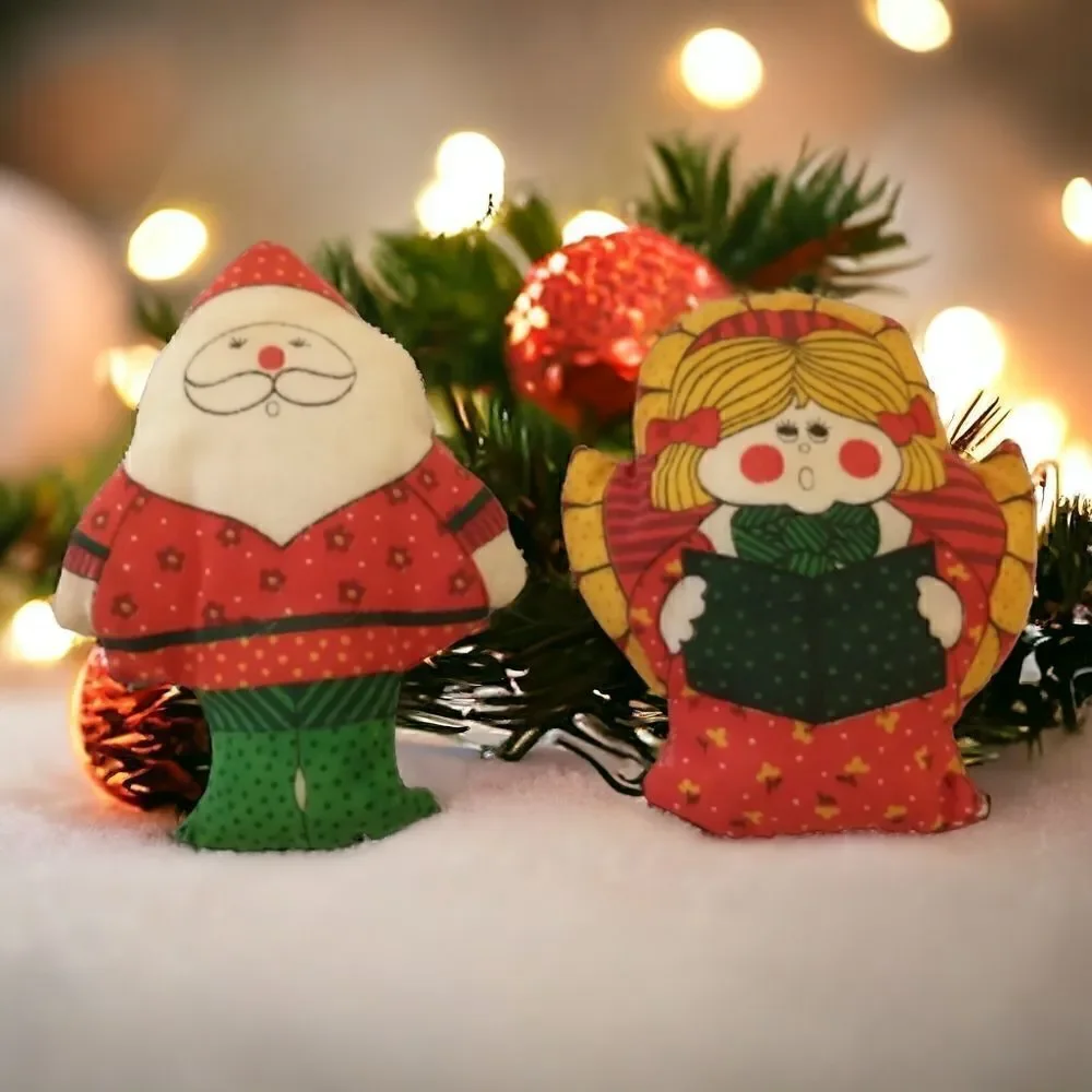 Vtg 80s Christmas Stuffed Ornament Lot‎ of 2 Fabric Handmade Angel Santa Claus.